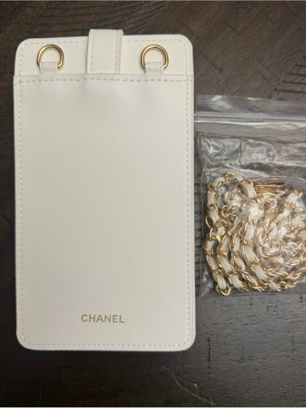 CHANEL White Quilted Phone Wallet with Gold Chain